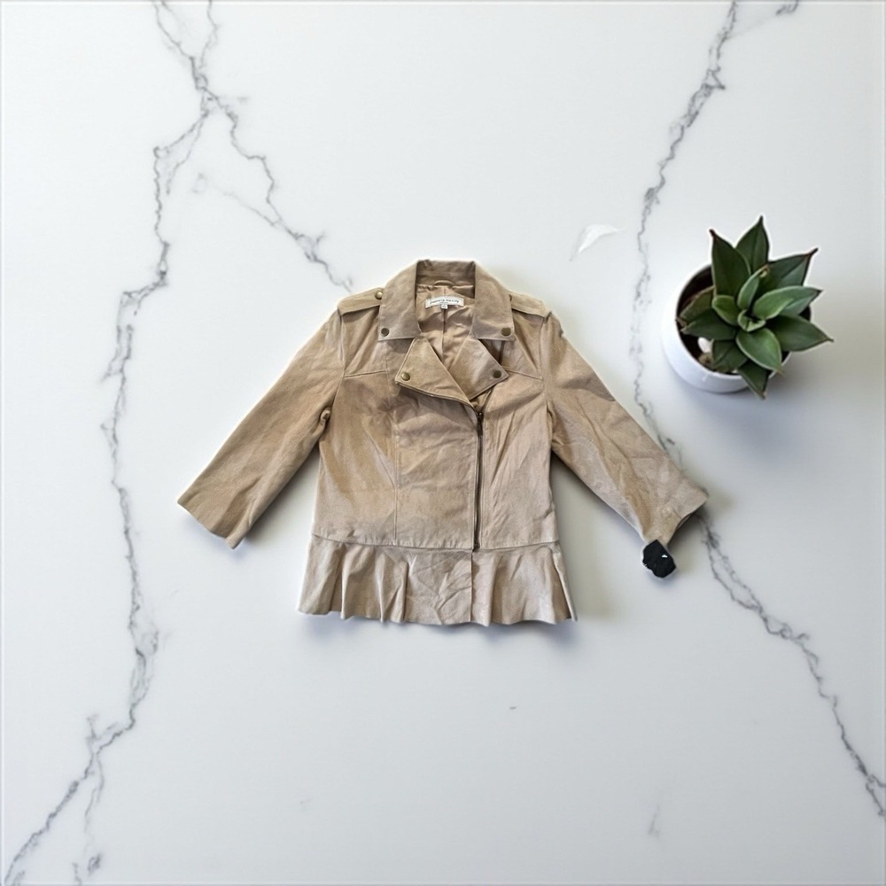 Pamela McCoy Women's Light Brown Leather Jacket 3/4 Sleeve RN#98393 Size S